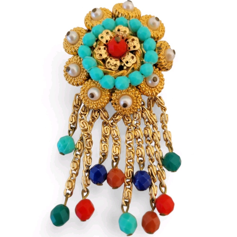 Vintage Beaded Dangle Brooch West Germany Signed Etruscan Pin Floral Art Blue